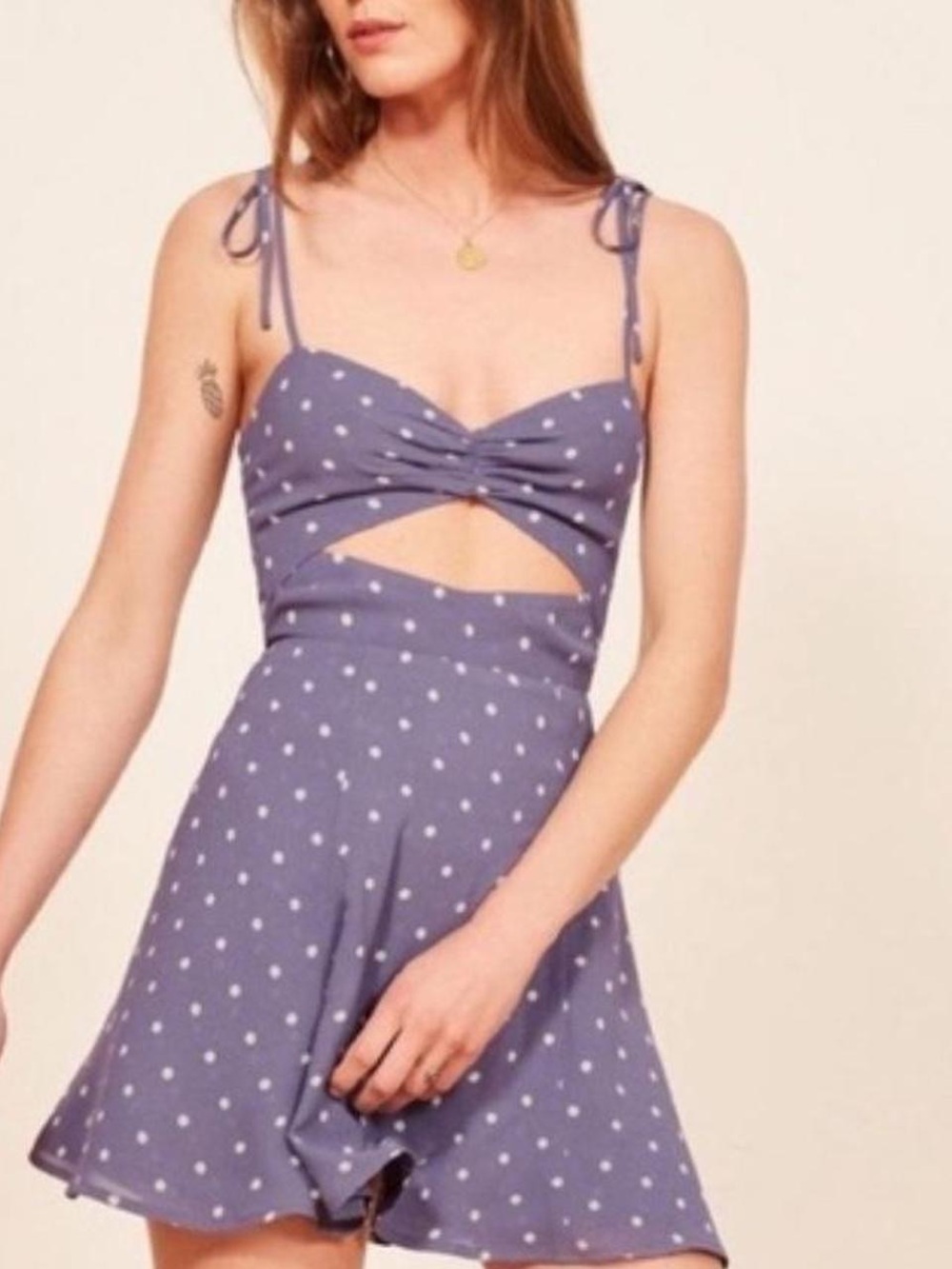 Reformation Lavender Polka Dot Tie-Shoulder Mini Dress